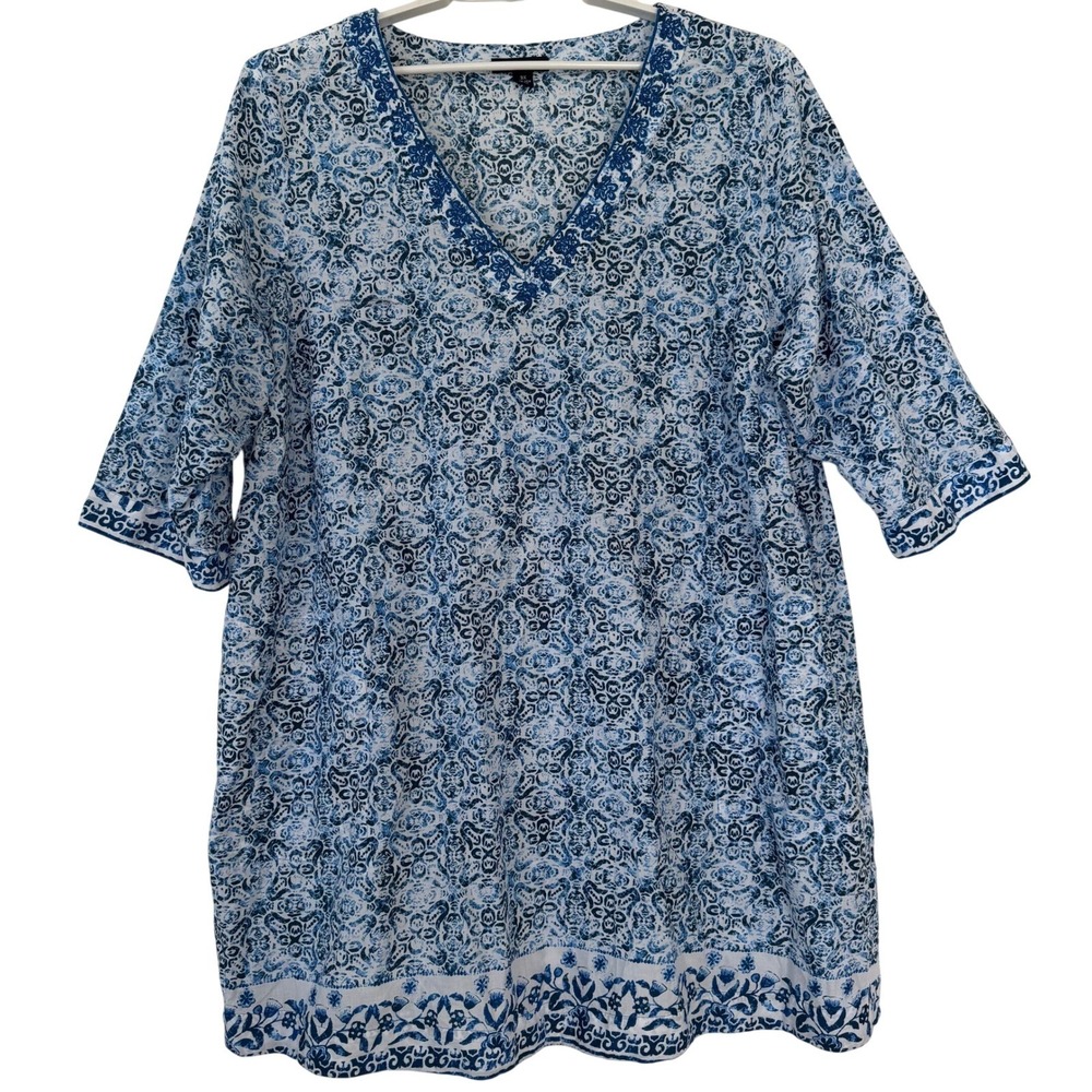 Lands End Blue White Tile Print V-Neck Cotton Shift Dress Pockets 3XL - Picture 2 of 5